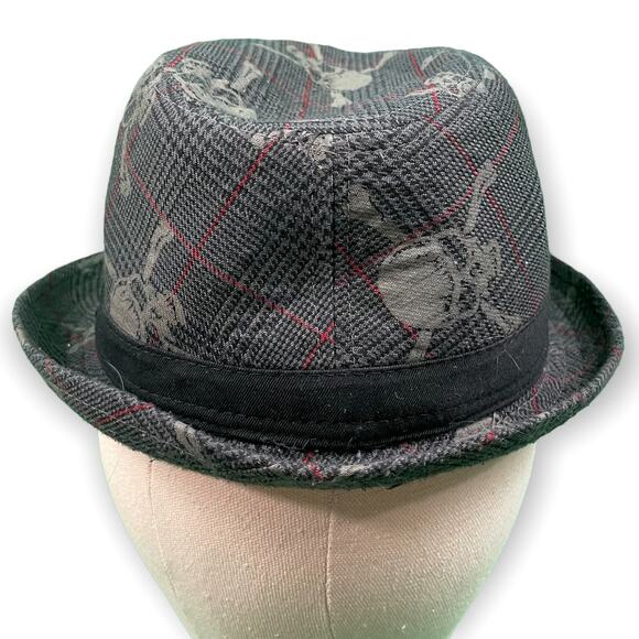 Scull and Crossbones Fedora Hat Gray Red Medium Goth - Picture 7 of 8